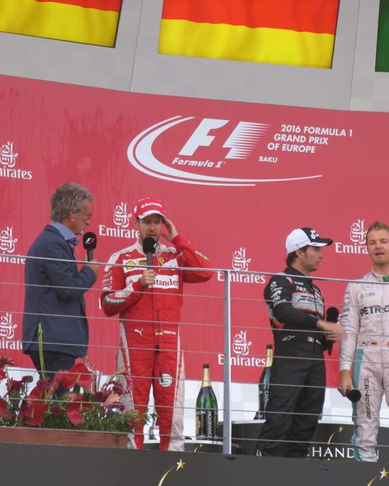 Nico Rosberg (Mercedes), Sebastian Vettel (Ferrari), Sergio Pérez (Force India-Mercedes) on podium @ Formula 1 Grand Prix of Europe 2016